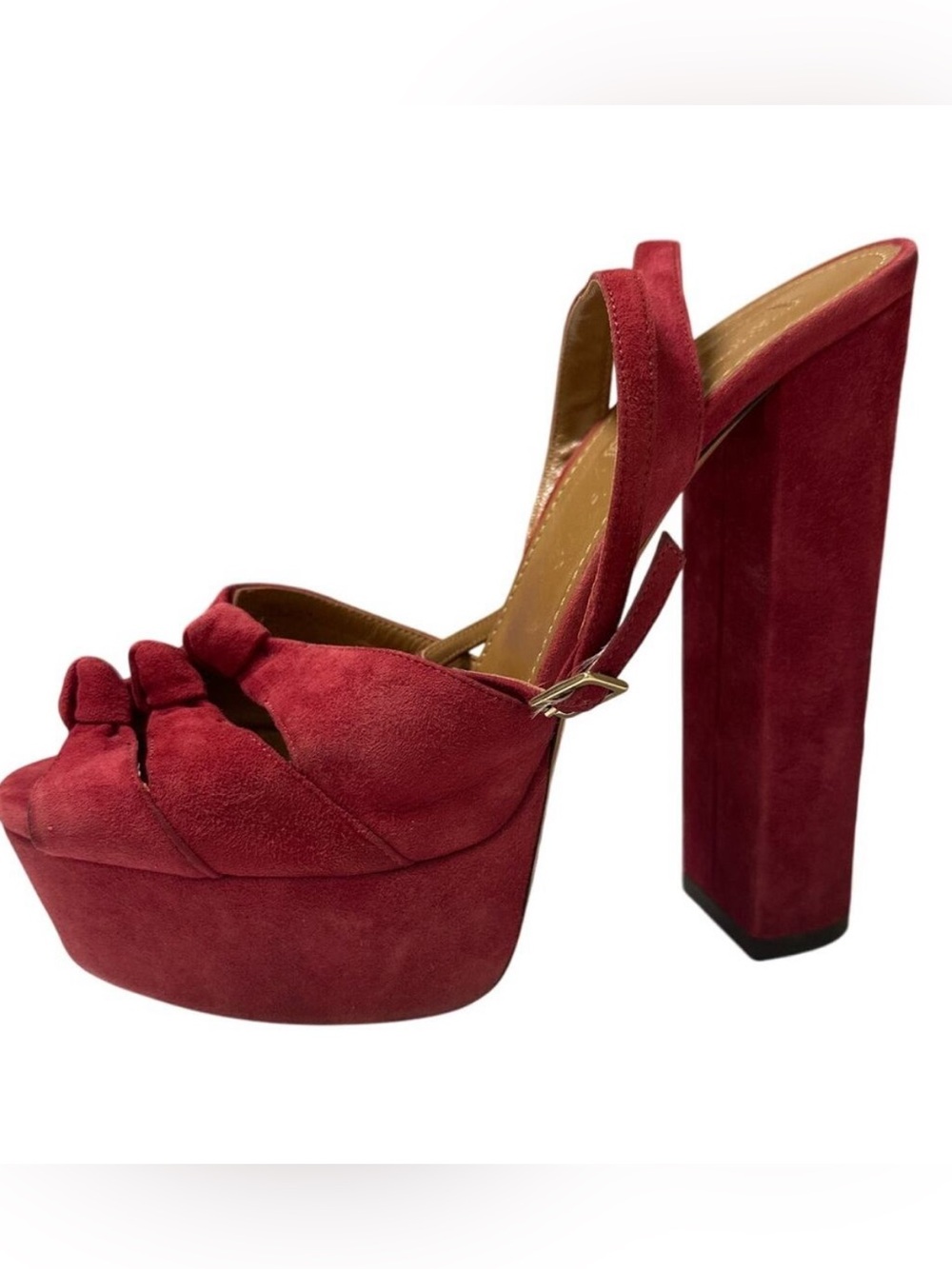 Aquazzura Mira Red Suede Platform Heels IT 37.5 US 7.5 Block Slingback Sandals